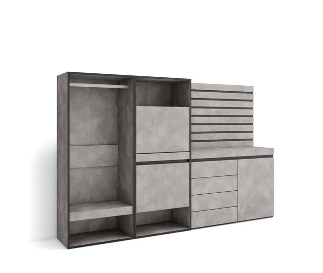 Zapatero, armario zapatos botas, 227x35x145cm, dormitorio, habitación, vestidor abierto, cómoda, cajonera, listones decorativos, estilo moderno, cemento