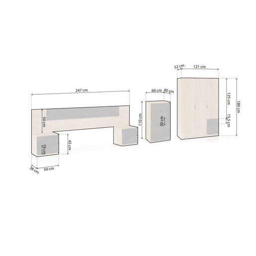 Dormitorio Akari 5C PLUS Carvalho canadiano - Ferrugem 247 x 95 x 38 cm