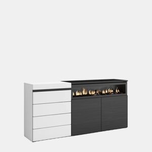 Cómoda, Com Gavetas, Armazenamento, 157x35x75cm, Para quarto, dormitório, Lareira eléctrica, Estilo moderno, Branco e preto