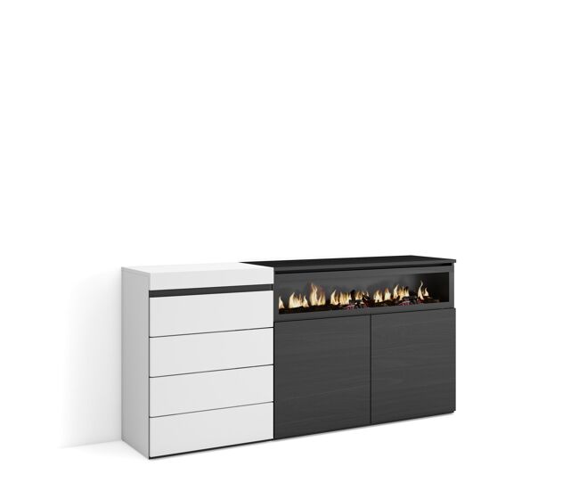 Cómoda, cajonera, mueble auxiliar, 135x57x75cm, dormitorio, habitación, chimenea eléctrica, estilo moderno, blanco y negro