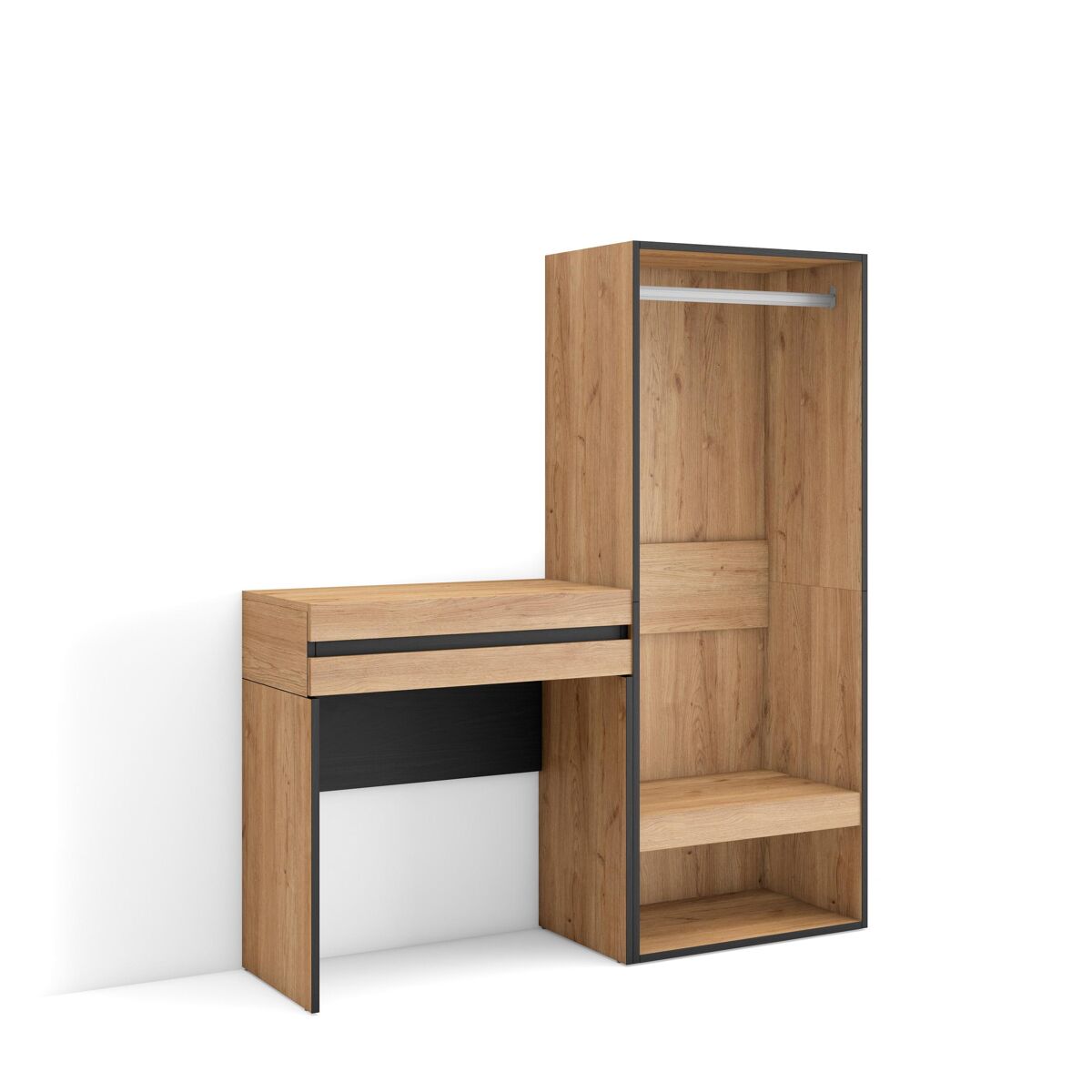 Consola entrada, mueble con cajón, 130x35x145 cm, recibidor, vestidor abierto, estilo moderno, roble