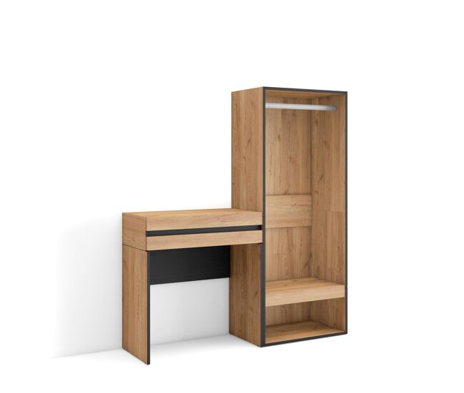Consola entrada, mueble con cajón, 130x35x145 cm, recibidor, vestidor abierto, estilo moderno, roble