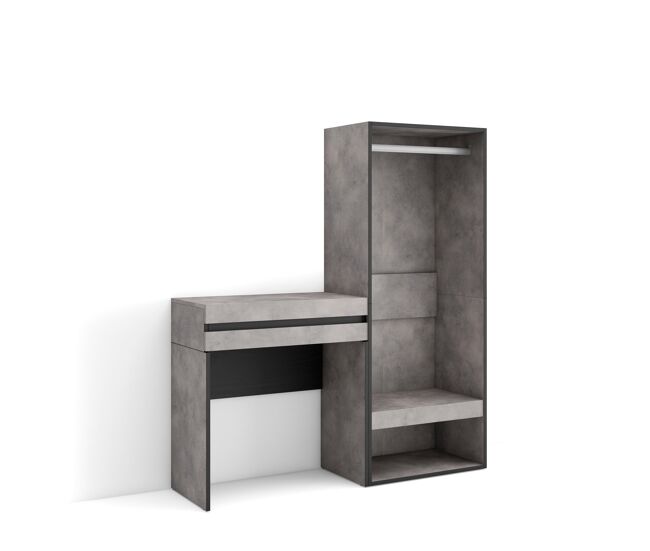 Consola entrada, mueble con cajón, 130x35x145cm, recibidor, vestidor abierto, estilo moderno, cemento