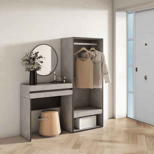 Mesa consola de entrada, Mesa auxiliar para entrada, 130x35x145cm, Com gaveta, Roupeiro aberto, Estilo moderno, Cimento Mesa consola de entrada, Mesa auxiliar para entrada, 130x35x145cm, Com gaveta, Roupeiro aberto, Estilo moderno, Cimento