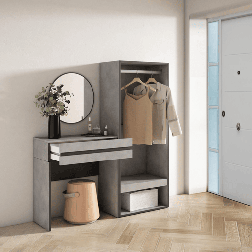 Mesa consola de entrada, Mesa auxiliar para entrada, 130x35x145cm, Com gaveta, Roupeiro aberto, Estilo moderno, Cimento Mesa consola de entrada, Mesa auxiliar para entrada, 130x35x145cm, Com gaveta, Roupeiro aberto, Estilo moderno, Cimento