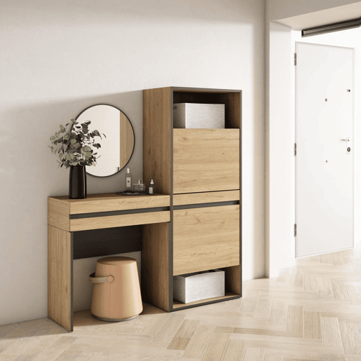 Mesa consola de entrada, Mesa auxiliar para entrada, 130x35x145cm, Com gaveta, Sapateira, Estilo moderno, Carvalho