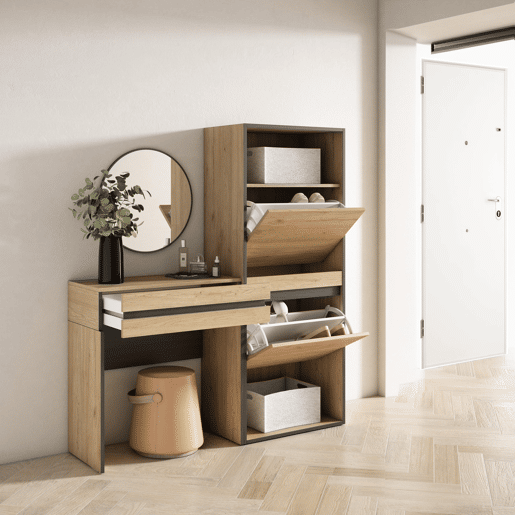Mesa consola de entrada, Mesa auxiliar para entrada, 130x35x145cm, Com gaveta, Sapateira, Estilo moderno, Carvalho