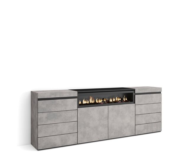 Cómoda, cajonera, mueble auxiliar, 214x35x75cm, dormitorio, habitación, chimenea eléctrica, estilo moderno, cemento