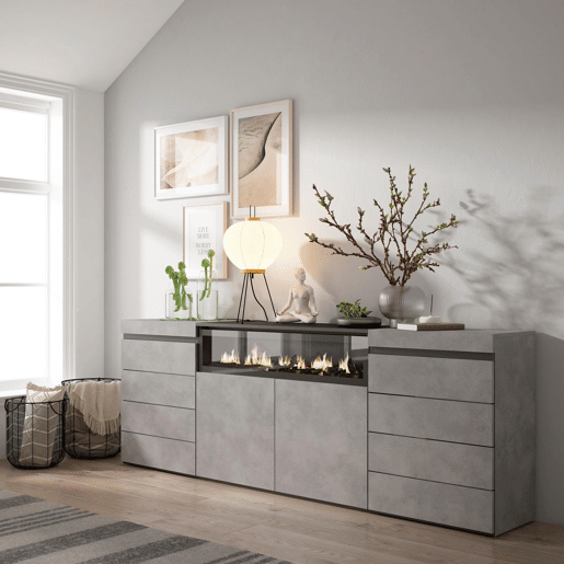Cómoda, Com Gavetas, Armazenamento, 214x35x75cm, Para quarto, dormitório, Lareira eléctrica, Estilo moderno, Cimento Cómoda, Com Gavetas, Armazenamento, 214x35x75cm, Para quarto, dormitório, Lareira eléctrica, Estilo moderno, Cimento