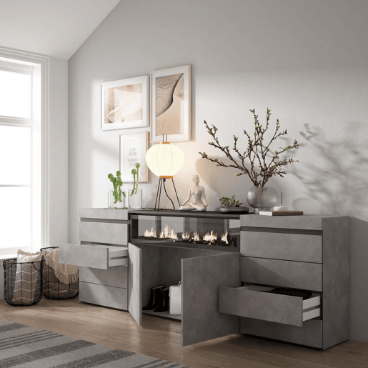 Cómoda, Com Gavetas, Armazenamento, 214x35x75cm, Para quarto, dormitório, Lareira eléctrica, Estilo moderno, Cimento Cómoda, Com Gavetas, Armazenamento, 214x35x75cm, Para quarto, dormitório, Lareira eléctrica, Estilo moderno, Cimento