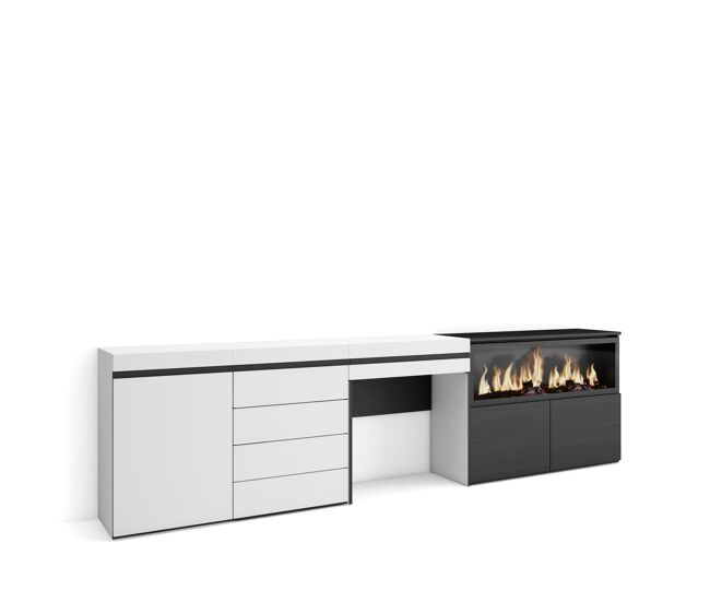 Tocador, dormitorio habitación, 284x35x75cm, con cajón, chimenea eléctrica xxl, cómoda, cajonera, estilo moderno, blanco