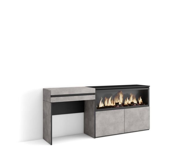 Tocador, dormitorio habitación, 177x35x75cm, con cajón, chimenea eléctrica xxl, estilo moderno, cemento
