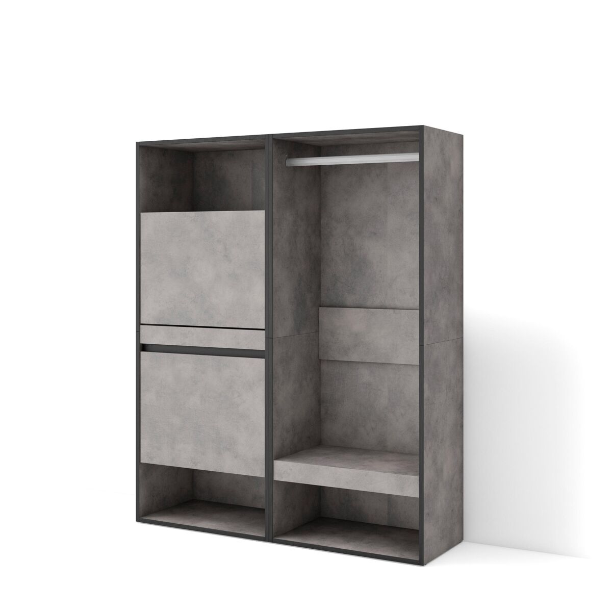 Zapatero, armario zapatos botas, 120x35x145cm, dormitorio, habitación, vestidor abierto, estilo moderno, cemento