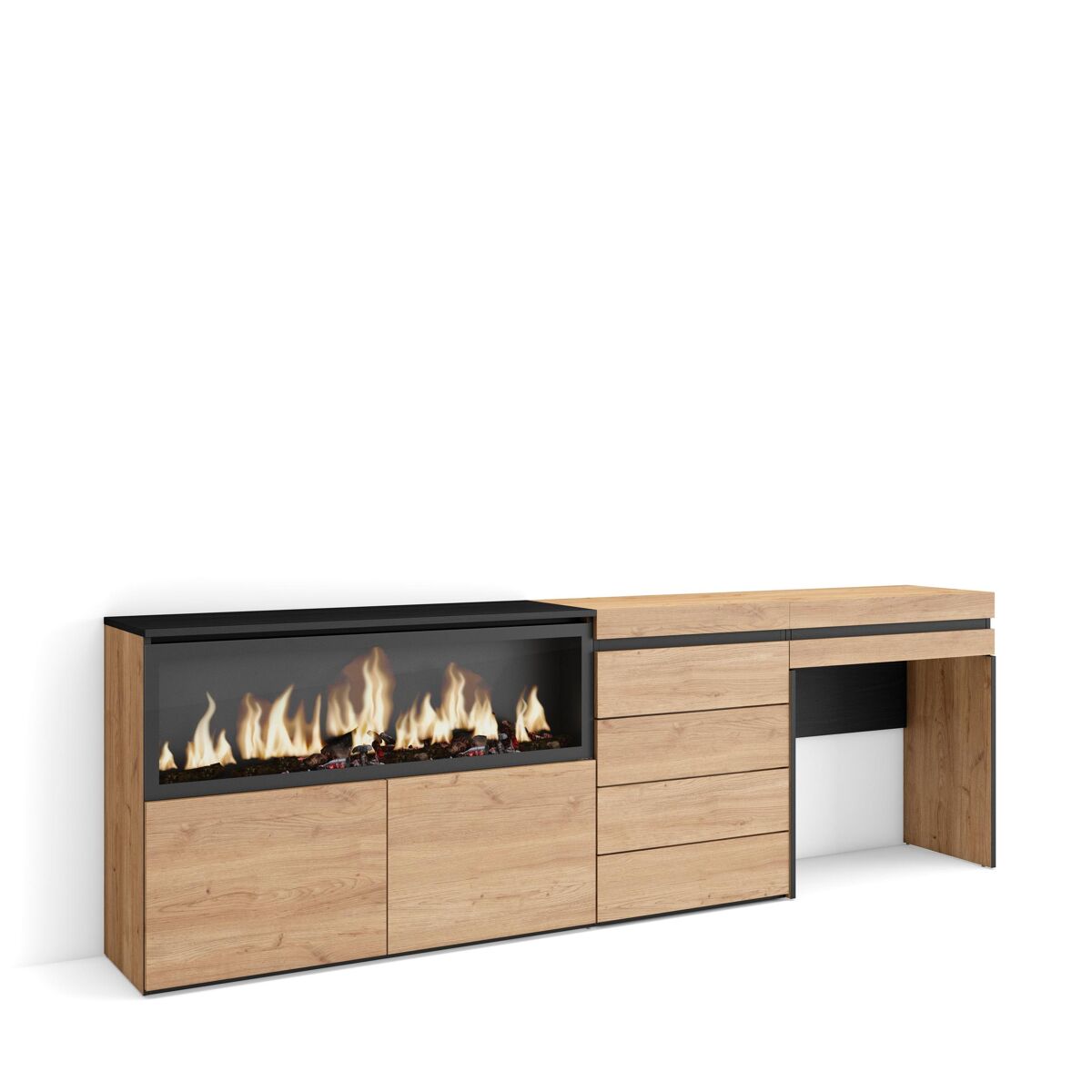 Tocador, dormitorio habitación, 234x35x75cm, con cajón, chimenea eléctrica xxl, cómoda, cajonera, estilo moderno, roble