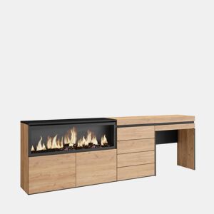 Toucador, Mesa com armazenamento, 234x35x75cm, Com gaveta, Lareira eléctrica XXL, Cómoda, Estilo moderno, Carvalho