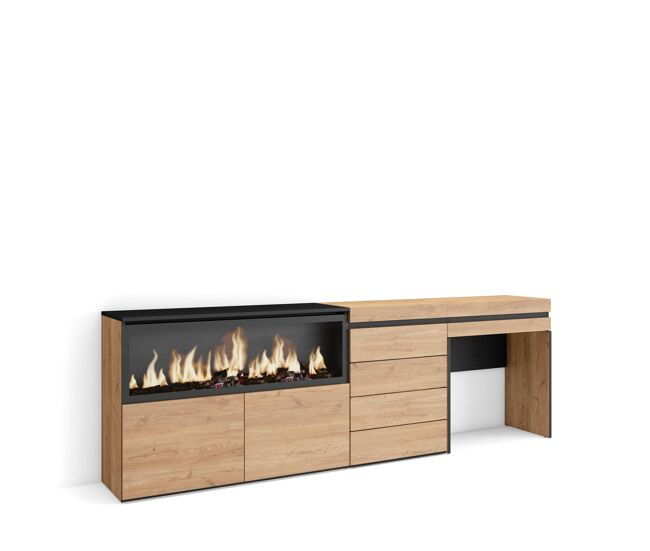 Tocador, dormitorio habitación, 234x35x75cm, con cajón, chimenea eléctrica xxl, cómoda, cajonera, estilo moderno, roble