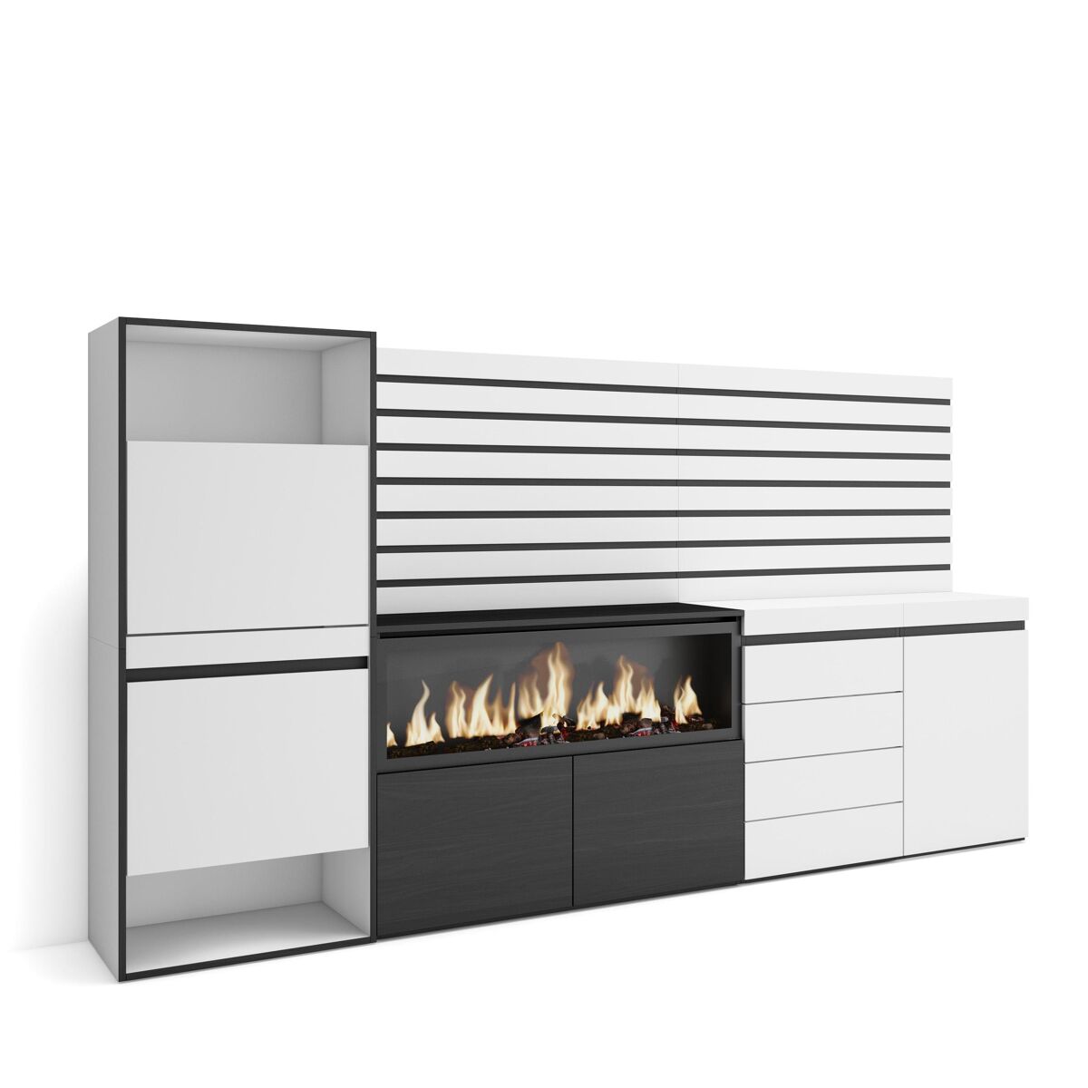 Zapatero, armario zapatos botas, 274x35x145cm, dormitorio, habitación, chimenea eléctrica xxl, cómoda, cajonera, listones decorativos, estilo moderno, blanco