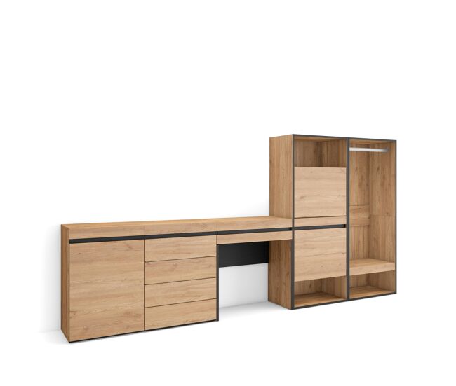 Zapatero, armario zapatos botas, 297x35x145cm, dormitorio, habitación, vestidor abierto, cómoda, cajonera, tocador, estilo moderno, roble