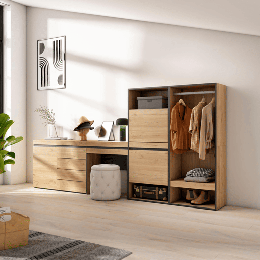 Sapateira, Organização Armazenamento, 297x35x145cm, Para quarto, dormitório, Roupeiro aberto, Cómoda, Toucador, Estilo moderno, Carvalho