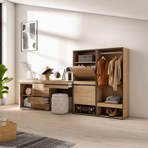 Sapateira, Organização Armazenamento, 297x35x145cm, Para quarto, dormitório, Roupeiro aberto, Cómoda, Toucador, Estilo moderno, Carvalho