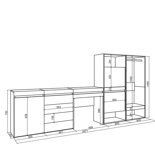 Sapateira, Organização Armazenamento, 297x35x145cm, Para quarto, dormitório, Roupeiro aberto, Cómoda, Toucador, Estilo moderno, Carvalho