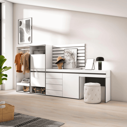Sapateira, Organização Armazenamento, 297x35x145cm, Para quarto, dormitório, Roupeiro aberto, Cómoda, Tiras Deco. Madeira, Toucador, Estilo moderno, Branco Sapateira, Organização Armazenamento, 297x35x145cm, Para quarto, dormitório, Roupeiro aberto, Cómoda, Tiras Deco. Madeira, Toucador, Estilo moderno, Branco
