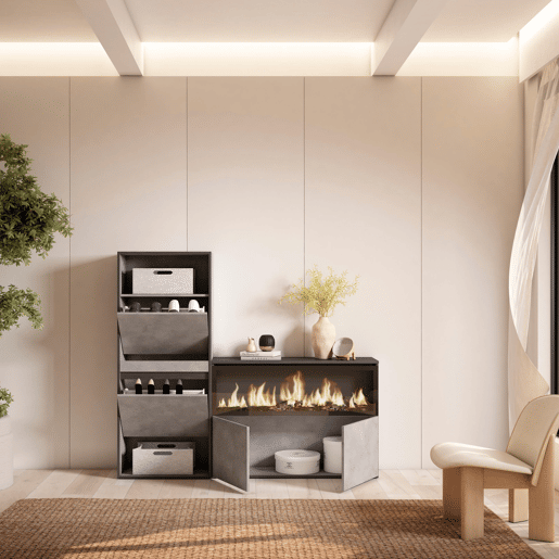 Sapateira, Organização Armazenamento, 167x35x145cm, Para quarto, dormitório, Lareira eléctrica XXL, Estilo moderno, Cimento Sapateira, Organização Armazenamento, 167x35x145cm, Para quarto, dormitório, Lareira eléctrica XXL, Estilo moderno, Cimento