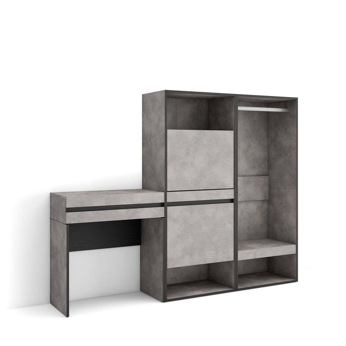 Consola entrada, mueble con cajón, 190x35x145cm, recibidor, zapatero, vestidor abierto, estilo moderno, cemento
