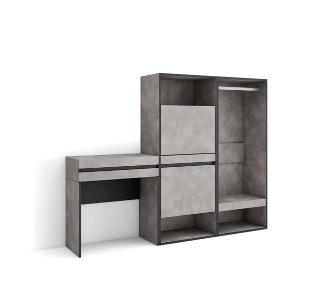 Consola entrada, mueble con cajón, 190x35x145cm, recibidor, zapatero, vestidor abierto, estilo moderno, cemento