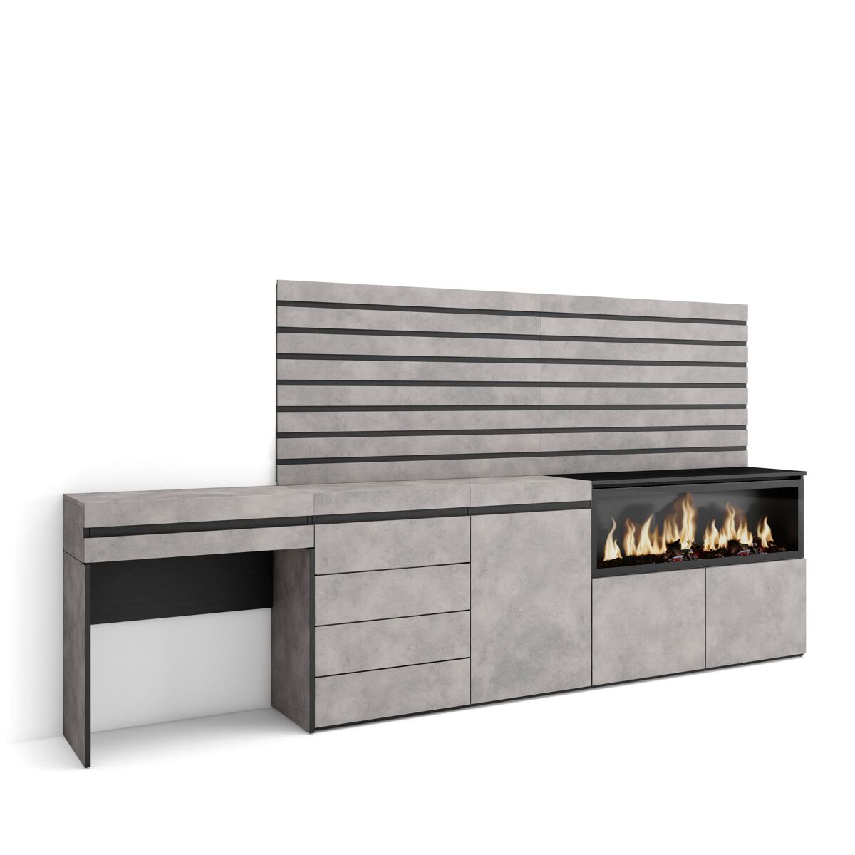 Tocador, dormitorio habitación, 284x35x145cm, con cajón, chimenea eléctrica xxl, cómoda, cajonera, listones decorativos, estilo moderno, cemento