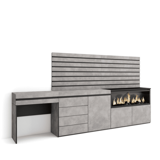 Toucador, Mesa com armazenamento, 284x35x145cm, Com gaveta, Lareira eléctrica XXL, Cómoda, Tiras Deco. Madeira, Estilo moderno, Cimento Toucador, Mesa com armazenamento, 284x35x145cm, Com gaveta, Lareira eléctrica XXL, Cómoda, Tiras Deco. Madeira, Estilo moderno, Cimento