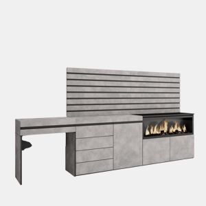 Toucador, Mesa com armazenamento, 284x35x145cm, Com gaveta, Lareira eléctrica XXL, Cómoda, Tiras Deco. Madeira, Estilo moderno, Cimento