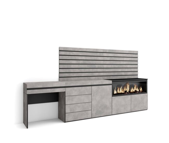 Tocador, dormitorio habitación, 284x35x145cm, con cajón, chimenea eléctrica xxl, cómoda, cajonera, listones decorativos, estilo moderno, cemento