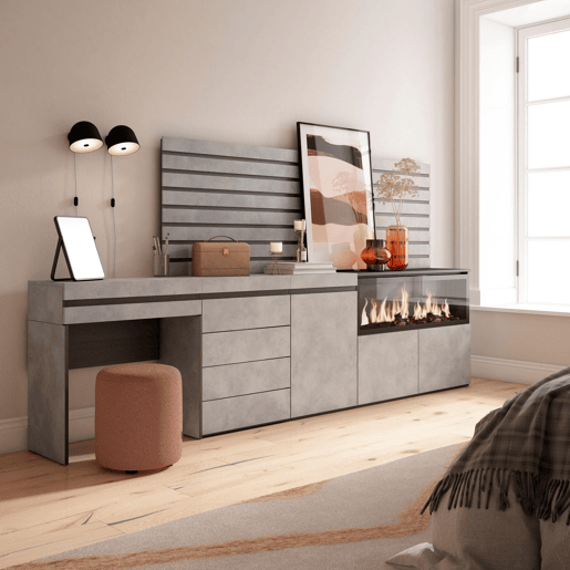 Toucador, Mesa com armazenamento, 284x35x145cm, Com gaveta, Lareira eléctrica XXL, Cómoda, Tiras Deco. Madeira, Estilo moderno, Cimento Toucador, Mesa com armazenamento, 284x35x145cm, Com gaveta, Lareira eléctrica XXL, Cómoda, Tiras Deco. Madeira, Estilo moderno, Cimento