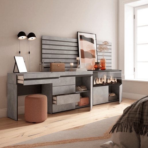 Toucador, Mesa com armazenamento, 284x35x145cm, Com gaveta, Lareira eléctrica XXL, Cómoda, Tiras Deco. Madeira, Estilo moderno, Cimento Toucador, Mesa com armazenamento, 284x35x145cm, Com gaveta, Lareira eléctrica XXL, Cómoda, Tiras Deco. Madeira, Estilo moderno, Cimento