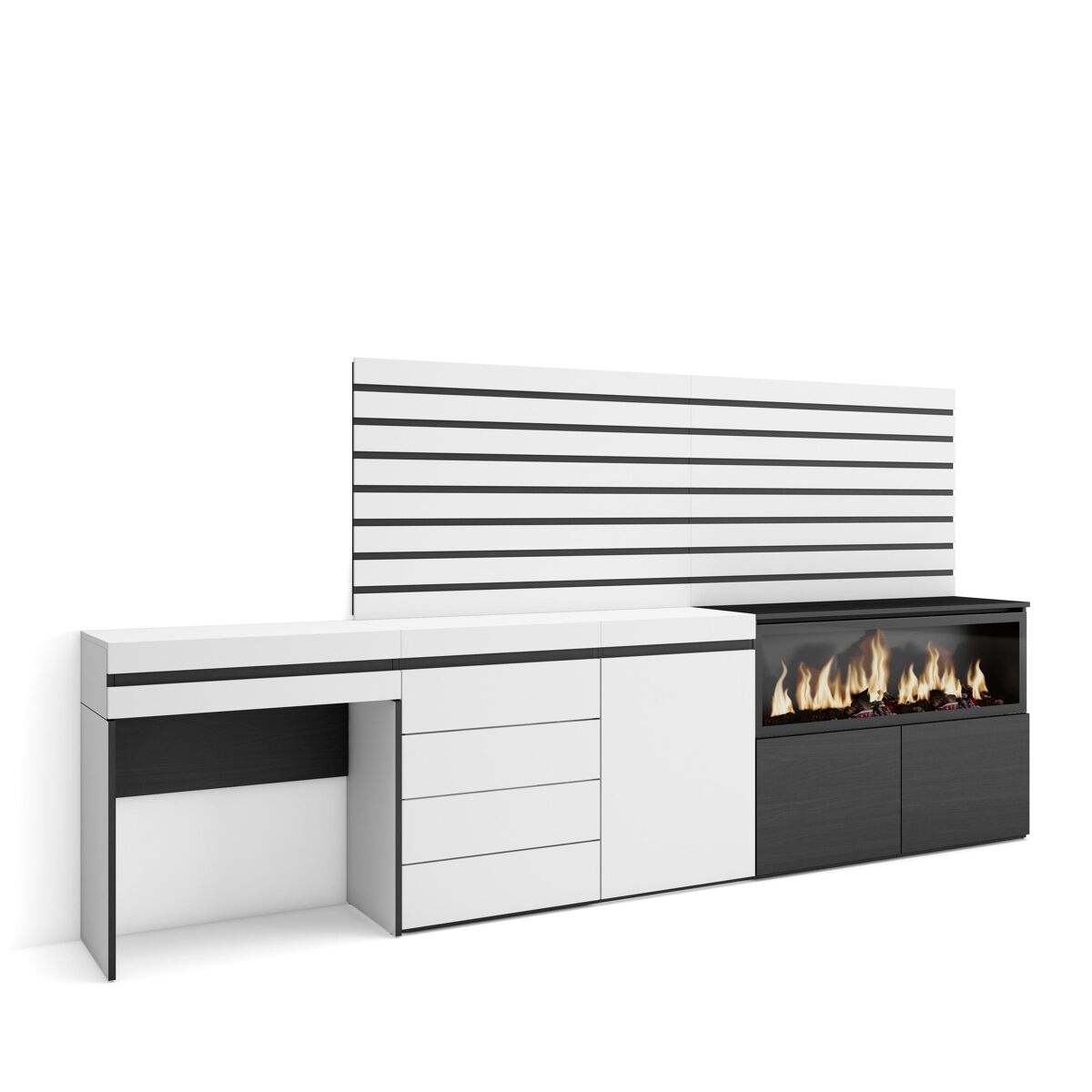 Tocador, dormitorio habitación, 284x35x145cm, con cajón, chimenea eléctrica xxl, cómoda, cajonera, listones decorativos, estilo moderno, blanco