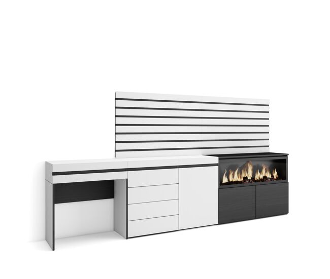 Tocador, dormitorio habitación, 284x35x145cm, con cajón, chimenea eléctrica xxl, cómoda, cajonera, listones decorativos, estilo moderno, blanco