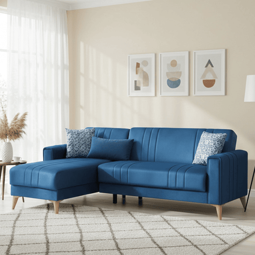 Sofá-Cama com Chaise Longue e Armazenamento em Tecido