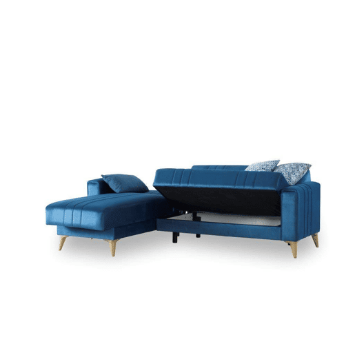Sofá-Cama com Chaise Longue e Armazenamento em Tecido
