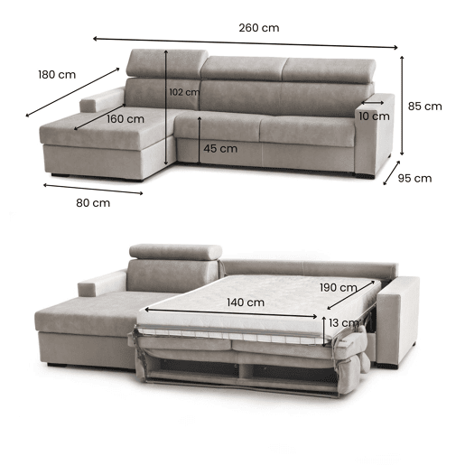 Sofá cama com península de tecido