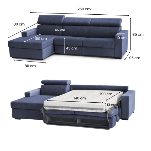 Sofá cama com península de tecido