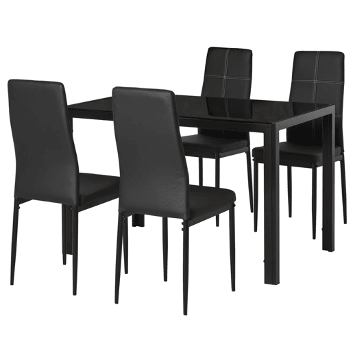 HOMCOM Conjunto de Refeição Mesa e 4 Cadeiras Conjunto de 5 Peças de Móveis de Cozinha Mesa Retangular de Vidro Temperado e Cadeiras Estofadas em PU com Pés de Metal Preto