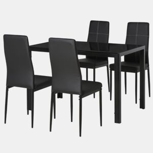 HOMCOM Conjunto de Refeição Mesa e 4 Cadeiras Conjunto de 5 Peças de Móveis de Cozinha Mesa Retangular de Vidro Temperado e Cadeiras Estofadas em PU com Pés de Metal Preto