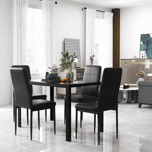 HOMCOM Conjunto de Refeição Mesa e 4 Cadeiras Conjunto de 5 Peças de Móveis de Cozinha Mesa Retangular de Vidro Temperado e Cadeiras Estofadas em PU com Pés de Metal Preto