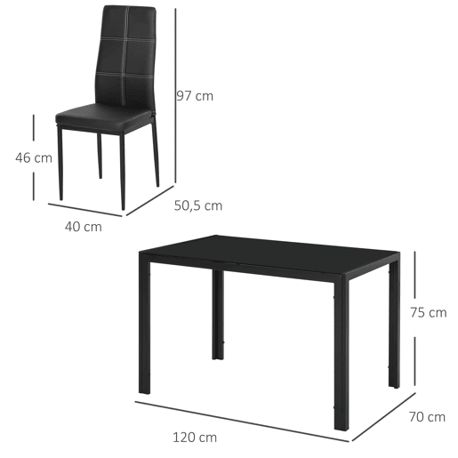 HOMCOM Conjunto de Refeição Mesa e 4 Cadeiras Conjunto de 5 Peças de Móveis de Cozinha Mesa Retangular de Vidro Temperado e Cadeiras Estofadas em PU com Pés de Metal Preto