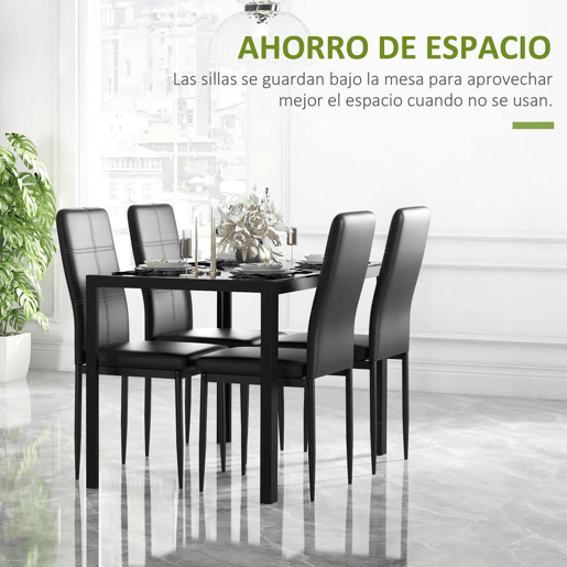 HOMCOM Conjunto de Refeição Mesa e 4 Cadeiras Conjunto de 5 Peças de Móveis de Cozinha Mesa Retangular de Vidro Temperado e Cadeiras Estofadas em PU com Pés de Metal Preto