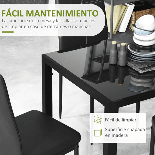 HOMCOM Conjunto de Refeição Mesa e 4 Cadeiras Conjunto de 5 Peças de Móveis de Cozinha Mesa Retangular de Vidro Temperado e Cadeiras Estofadas em PU com Pés de Metal Preto