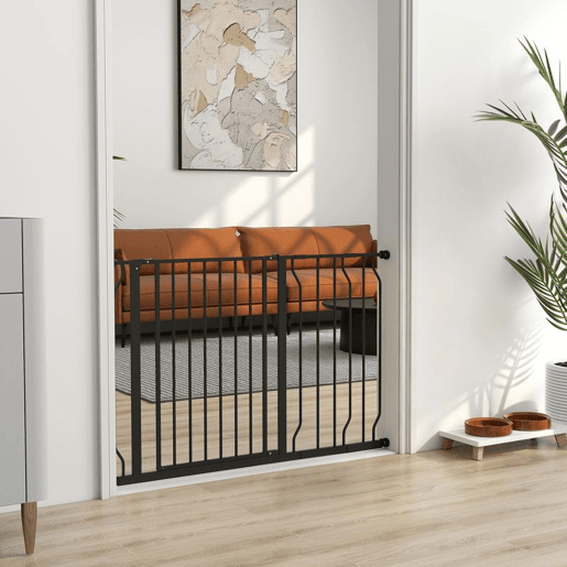 PawHut Barreira de Segurança para Cães Extensível para Escadas e Portas 75-115 cm com 2 Extensões e 10-20 cm Montagem a Pressão Aço Altura 76 cm Preto