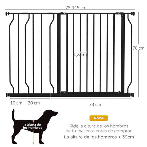 PawHut Barreira de Segurança para Cães Extensível para Escadas e Portas 75-115 cm com 2 Extensões e 10-20 cm Montagem a Pressão Aço Altura 76 cm Preto
