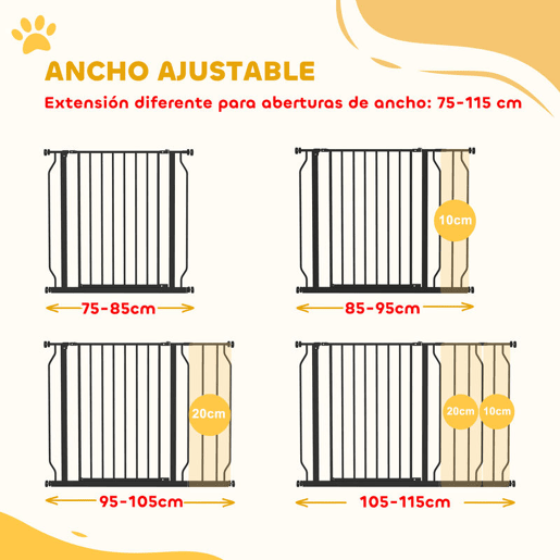 PawHut Barreira de Segurança para Cães Extensível para Escadas e Portas 75-115 cm com 2 Extensões e 10-20 cm Montagem a Pressão Aço Altura 76 cm Preto